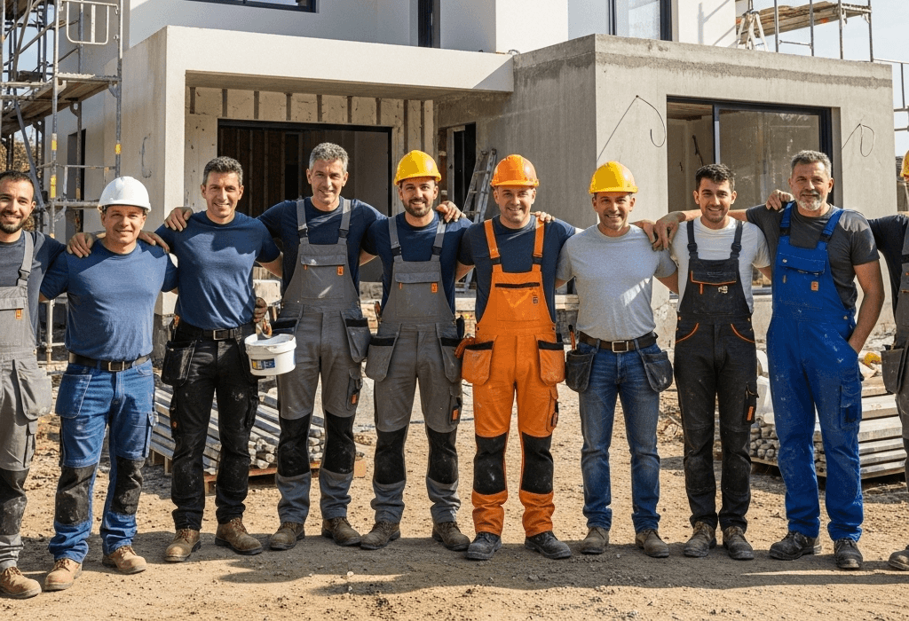 plusieurs professions du batiment comme charpentier, peintre, électricien, plombier,enduiseur,chauffagiste forme un groupe et se prenne par les épaule pour montrer que c'est une équipe. La photo est prise en France. Derrière le groupe, une maison moderne en construction