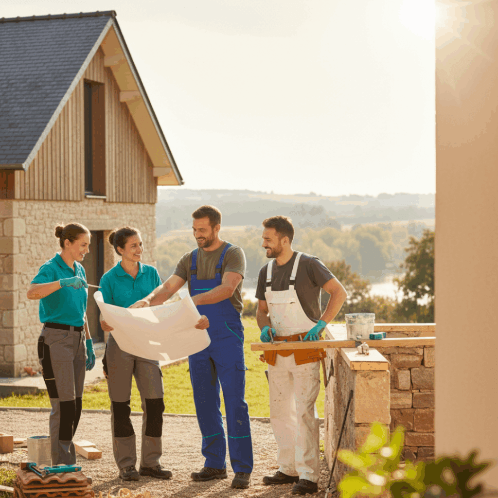 Des artisans regardent un plan de construction