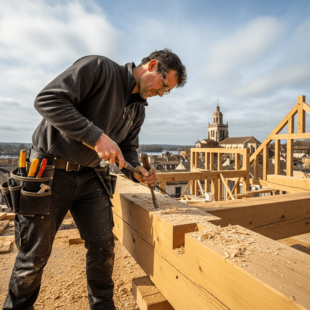 charpentier à Libourne travaillant sur une charpente en bois.