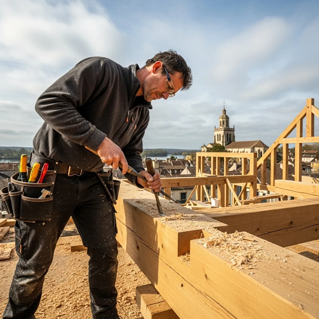 charpentier à Libourne travaillant sur une charpente en bois.