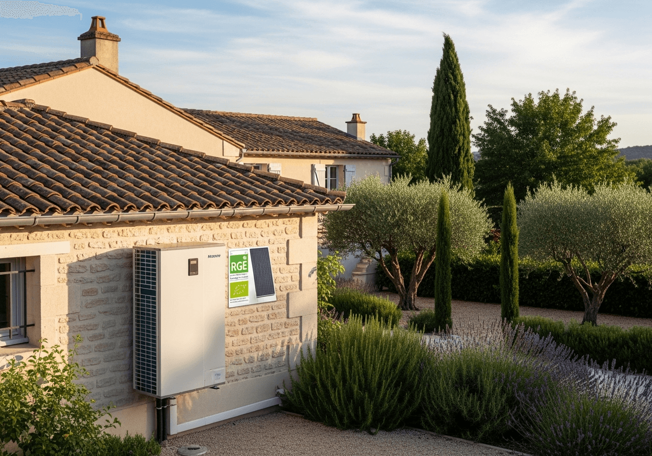 Pompe à chaleur air eau installé sur une maison avec logo rge