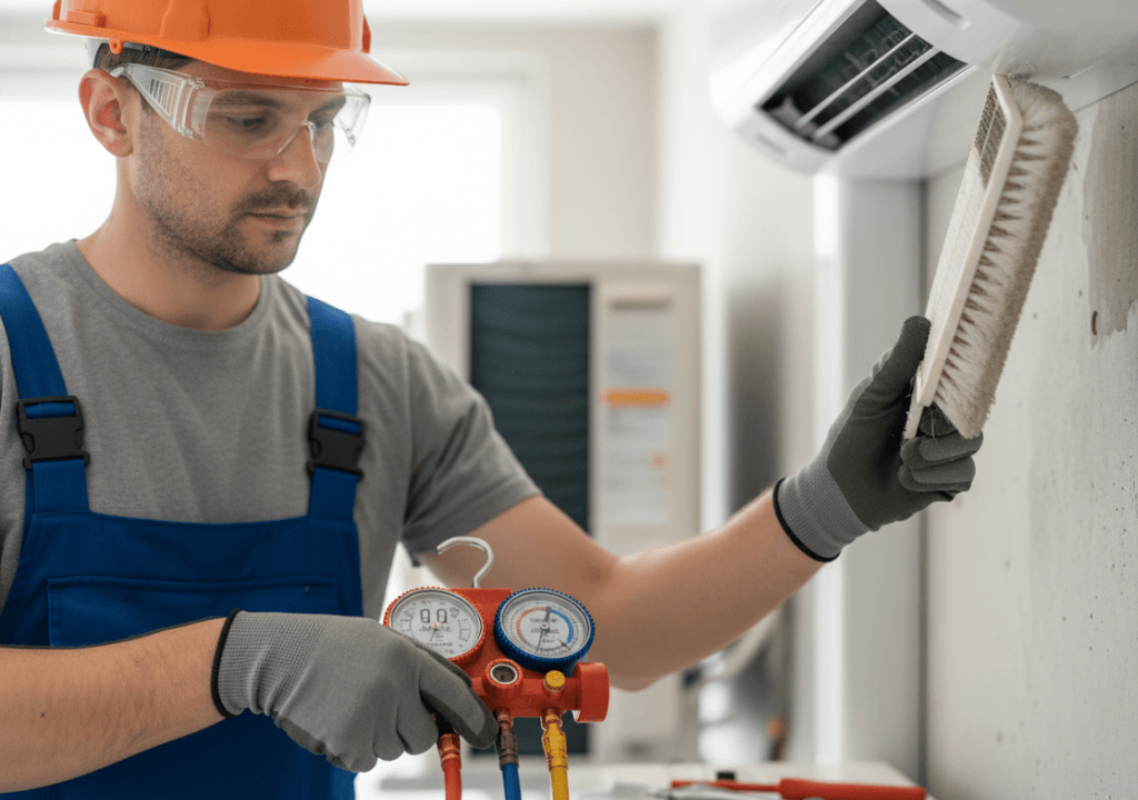Un technicien fait l'entretien d'une climatisation. Il vérifie le gaz de refroidissement
