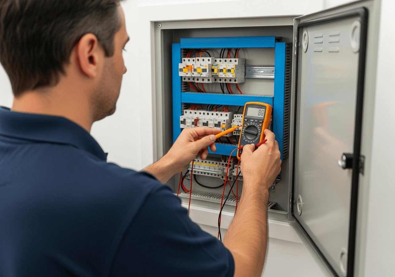 un artisan électricien de dos, portant un polo de travail. Il utilise un multimètre pour diagnostiquer un tableau électrique moderne et ouvert dans le couloir d'une maison