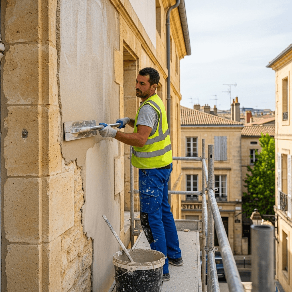 façadier à Libourne appliquant un enduit sur une façade.