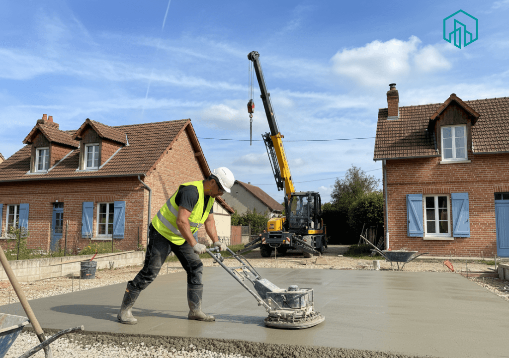 Travaux d’extension de maison à Libourne : artisan maçon posant une dalle béton