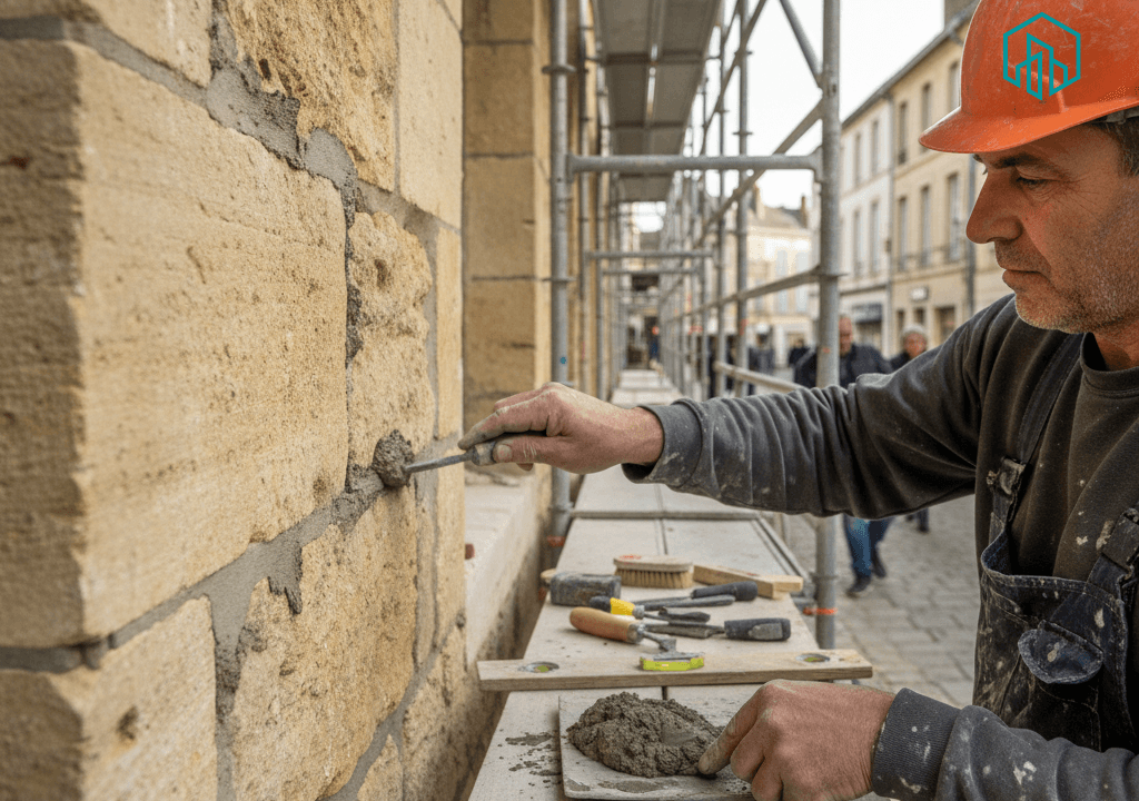 Rénovation de façade en pierre apparente à Libourne, artisan maçon avec casque de chantier, détail des mains et outils