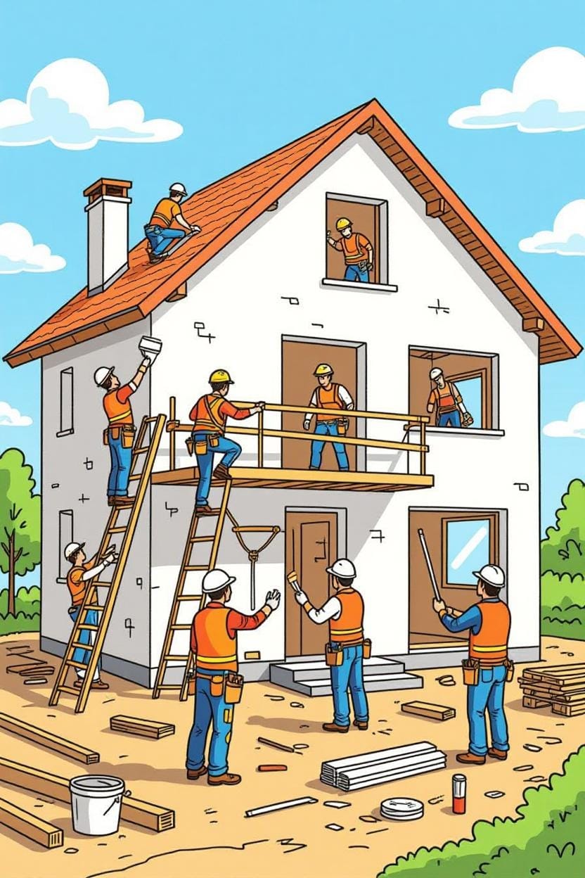 Un dessin représentant plusieurs métiers du bâtiment qui travaillent sur la construction d'une maison. À différents endroits de la maison, représente les différents métiers comme maçon, enduiseur, électricien, peintre, etc.