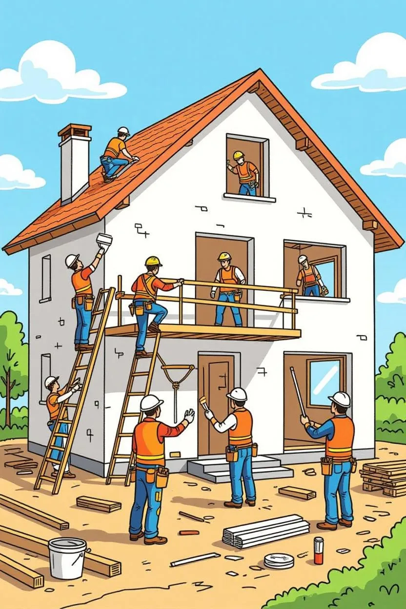 Un dessin représentant plusieurs métiers du bâtiment qui travaillent sur la construction d'une maison. À différents endroits de la maison, représente les différents métiers comme maçon, enduiseur, électricien, peintre, etc.