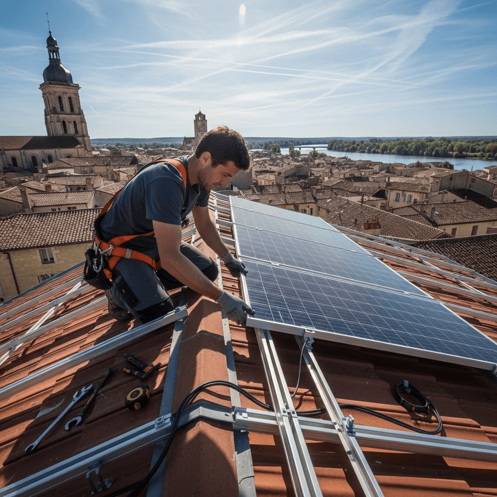 artisan à Libourne installant des panneaux photovoltaïques.