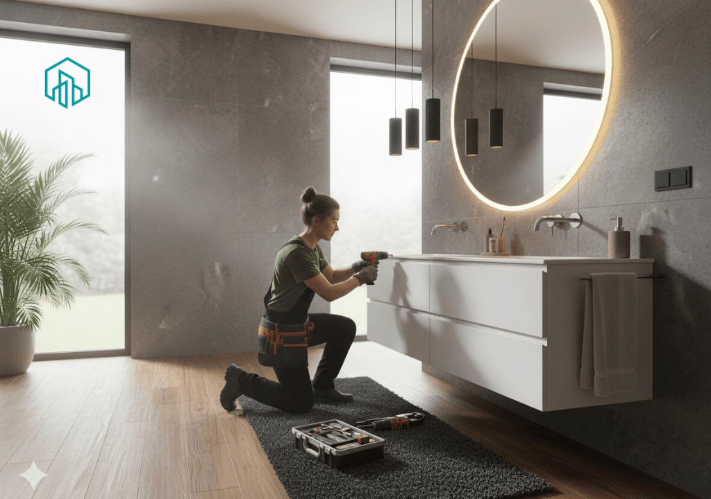 Une femme plombier finit l'installation d'une salle de bain