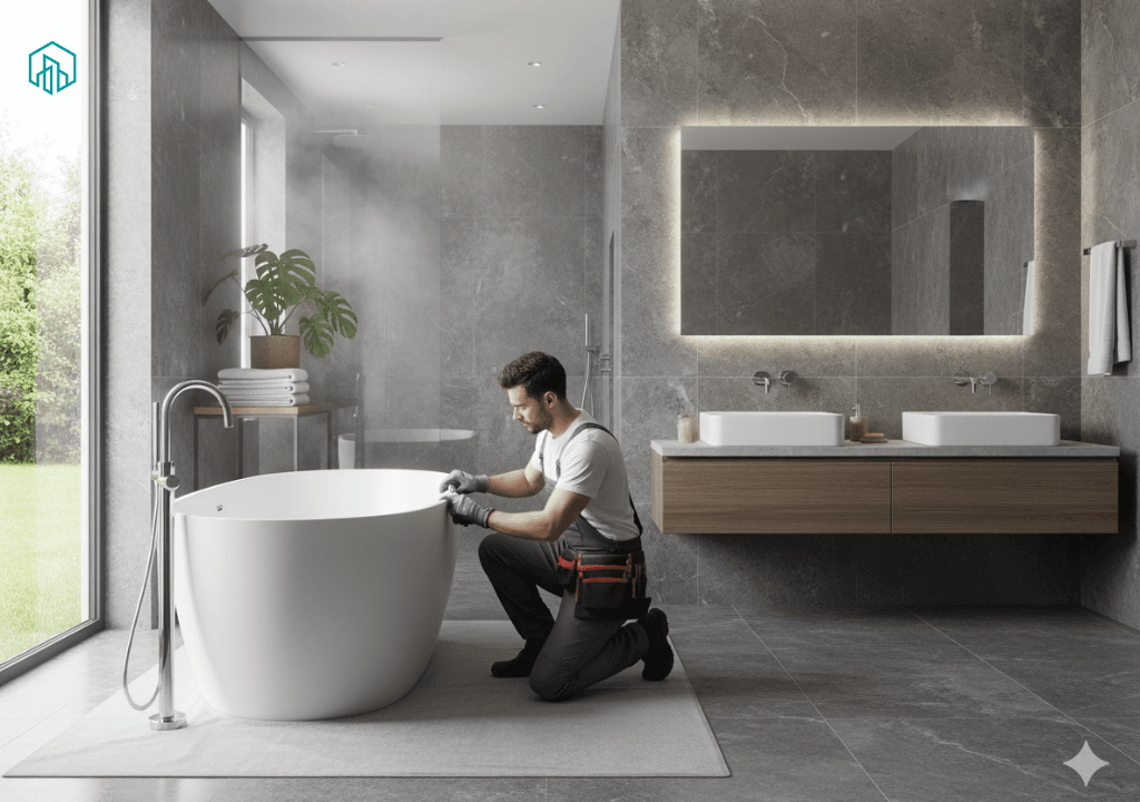 Un plombier rénove une magnifique salle de bain moderne