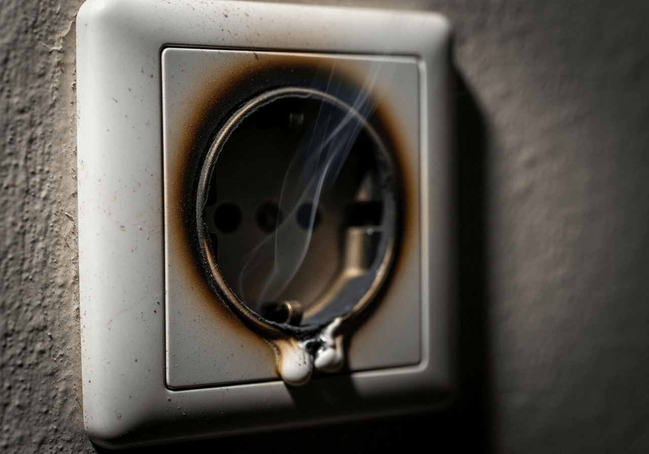 une prise de courant murale blanche, noircie et légèrement fondue sur les bords, d'où s'échappe un filet de fumée