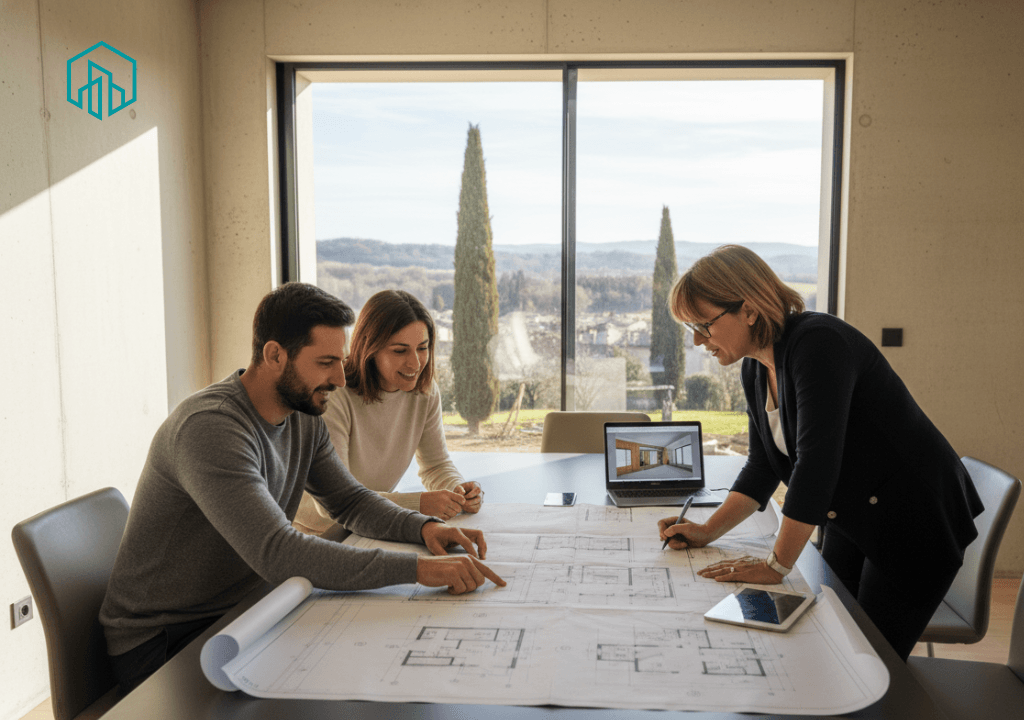 Un couple échange avec un professionnel pour étudier leur projet de rénovation de leur maison