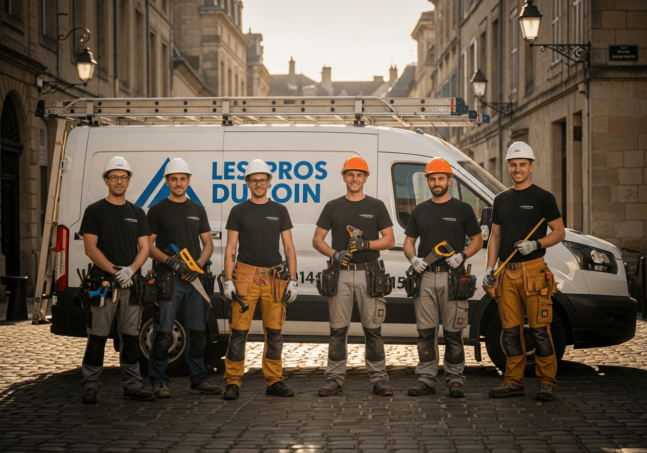 Portrait d’équipe de couvreurs et charpentiers devant un camion utilitaire marqué ‘Les Pros du Coin’, stationné dans une rue pavée de Libourne
