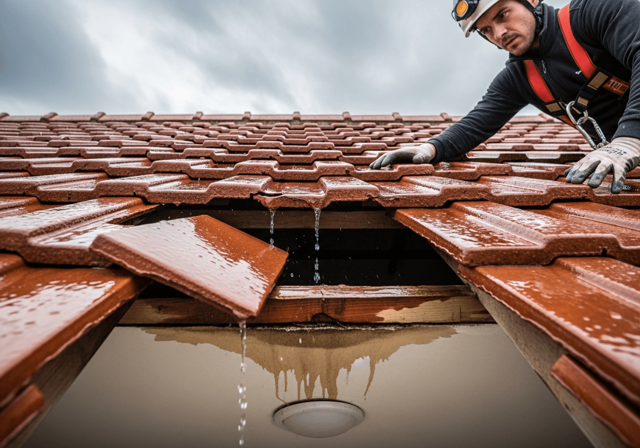 Toit de maison girondine avec une tuile cassée laissant passer de l’eau, couvreur en tenue de sécurité observant la fuite après un orage