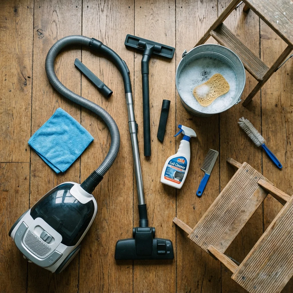 Outils nécessaires pour nettoyer sa climatisation soi-même posés sur une table
