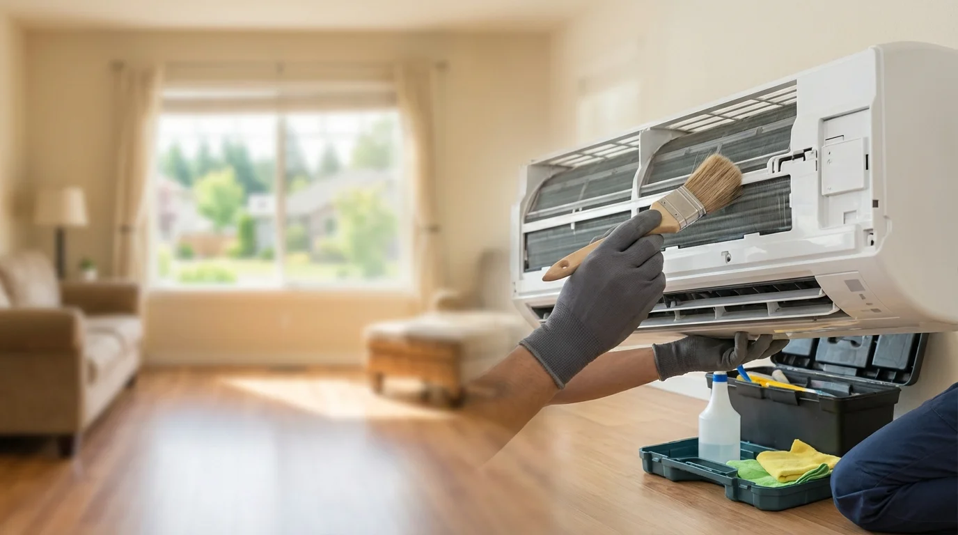 Femme nettoyant les filtres d'une climatisation murale pour l'entretien climatisation
