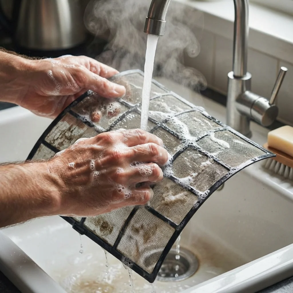 Nettoyage des filtres sous l'eau pour un entretien climatisation optimal
