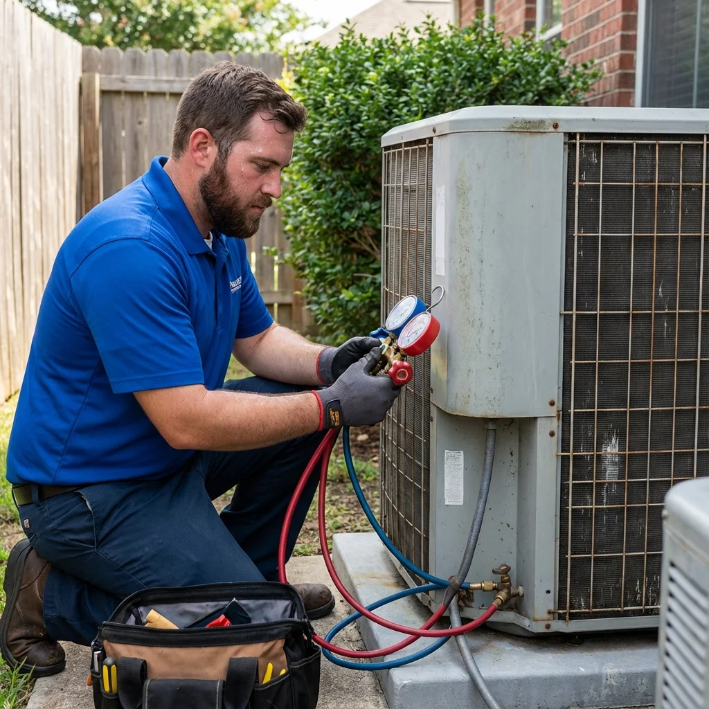 Expert effectuant la maintenance de votre clim avec des manomètres
