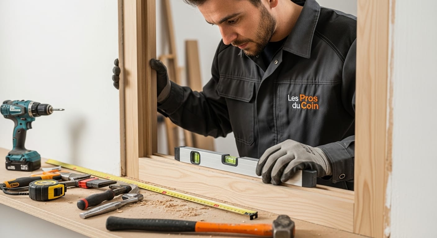 Artisan els pro du coin entrain de faire la menuiserie d'une fenêtre en bois.