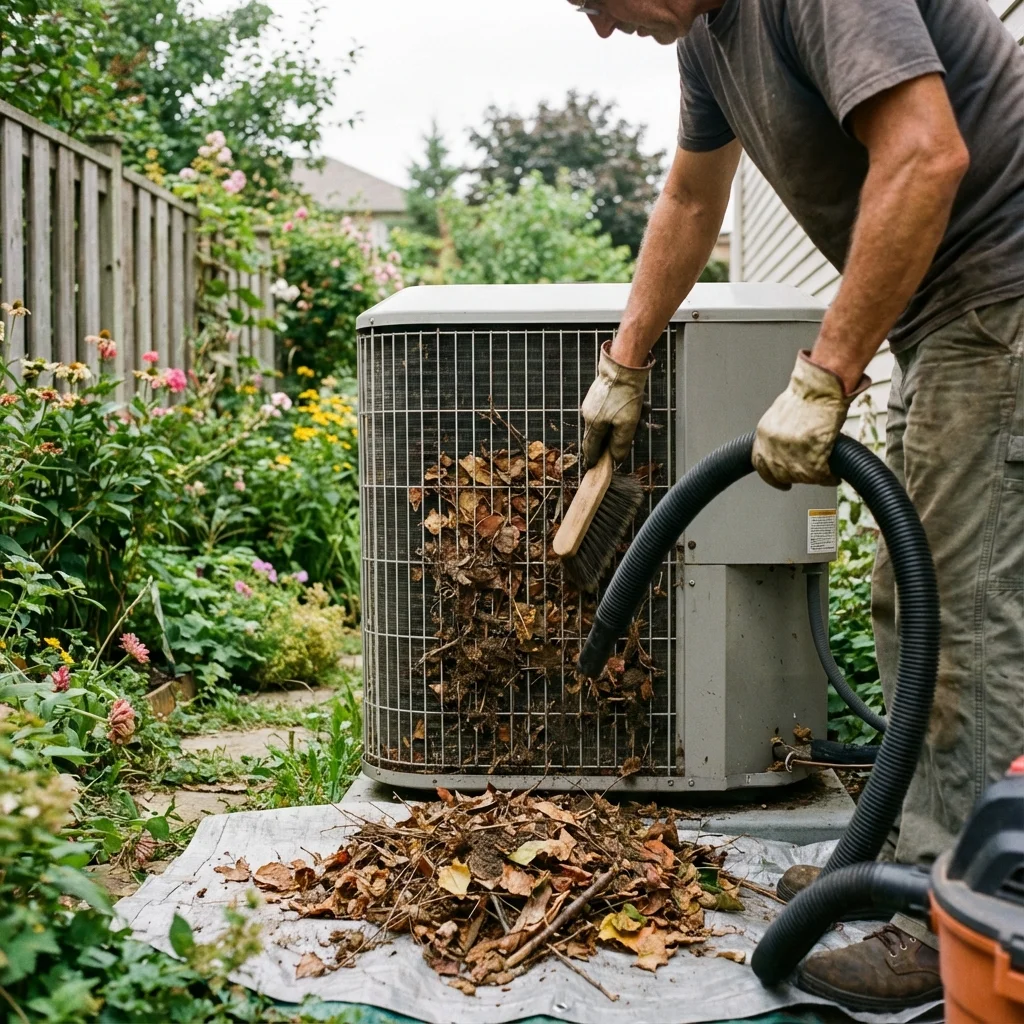 Nettoyage de l'unité extérieure lors d'un entretien climatisation maison
