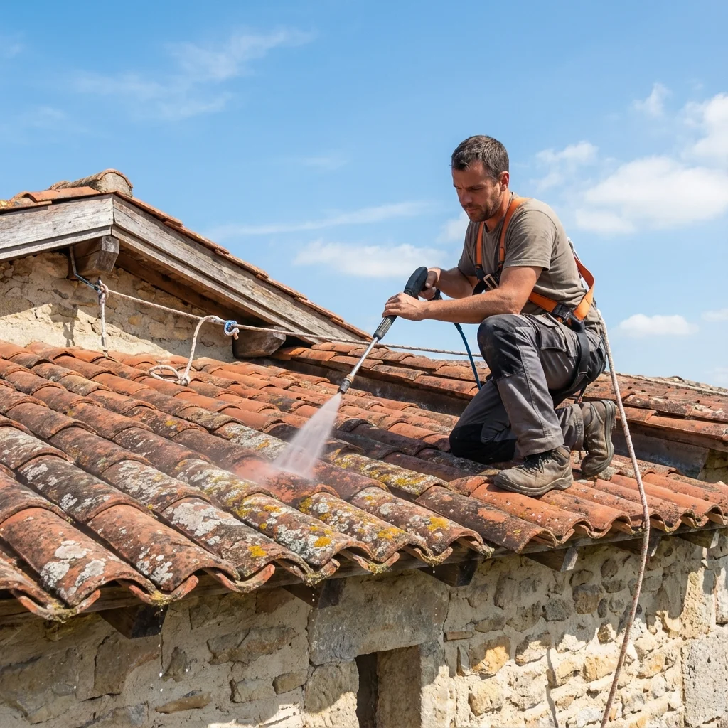 Professionnel utilisant un nettoyeur basse pression sur des tuiles