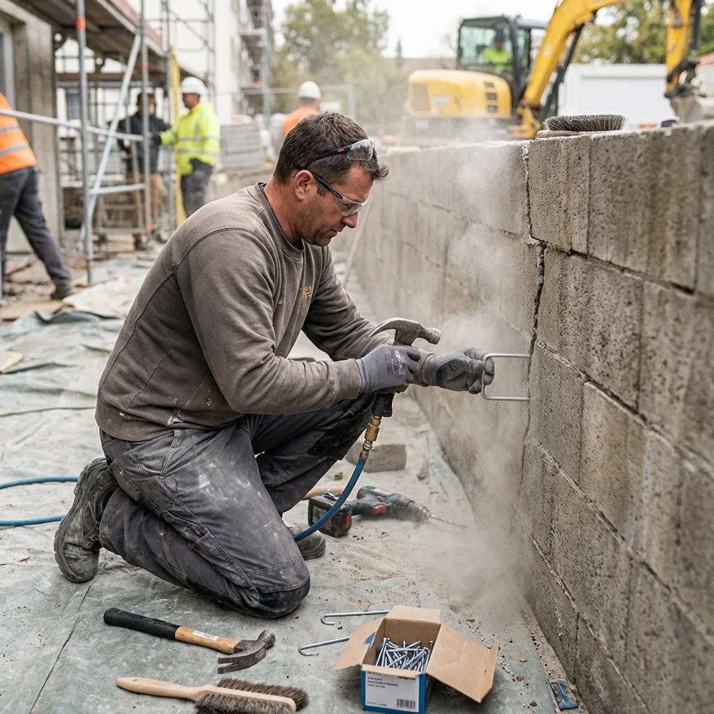 Maçon en train de réaliser un agrafage de fissure avec des fers à béton dans un mur en parpaing pour consolider la structure
