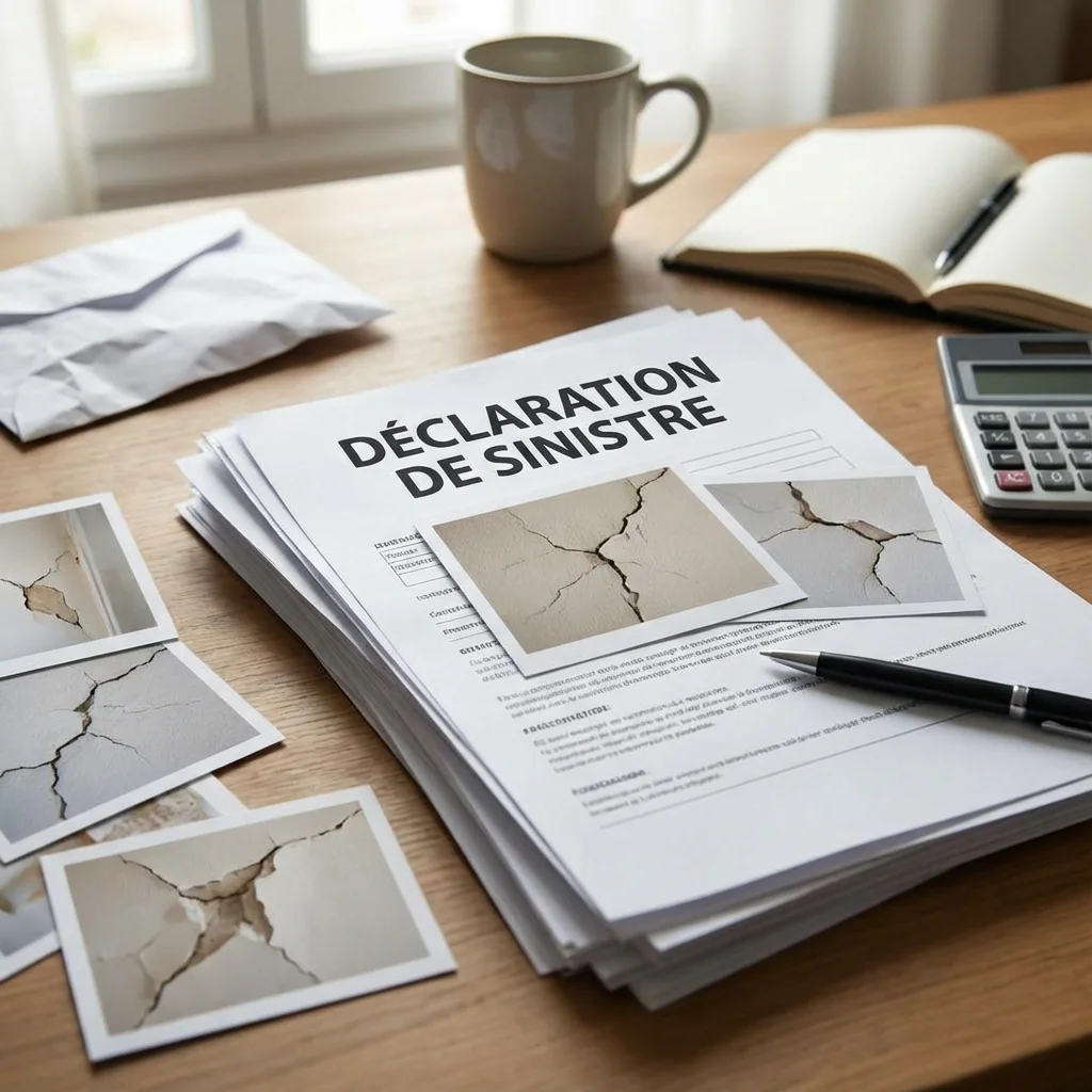 Dossier de déclaration de sinistre assurance habitation avec photos de fissures et contrat d'assurance sur une table
