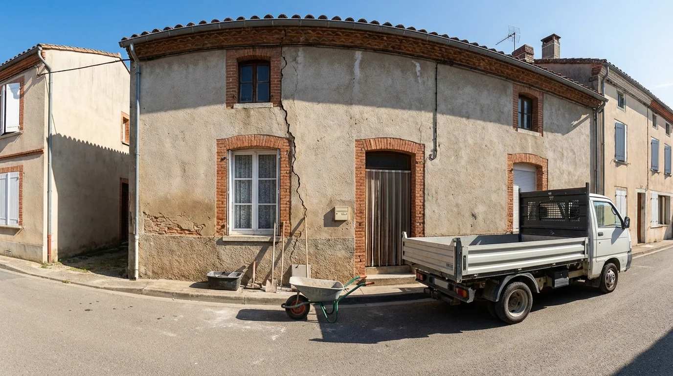 Maçon professionnel inspectant une fissure structurelle en escalier sur la façade d'une maison ancienne à rénover avec des outils de diagnostic bâtiment
