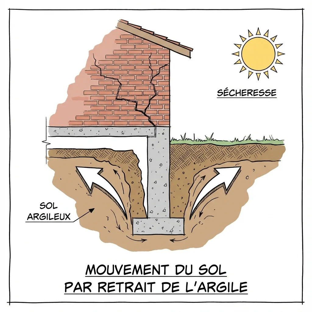 Schéma technique illustrant le mouvement de terrain et le retrait gonflement des argiles sous les fondations d'une maison individuelle causant des fissures
